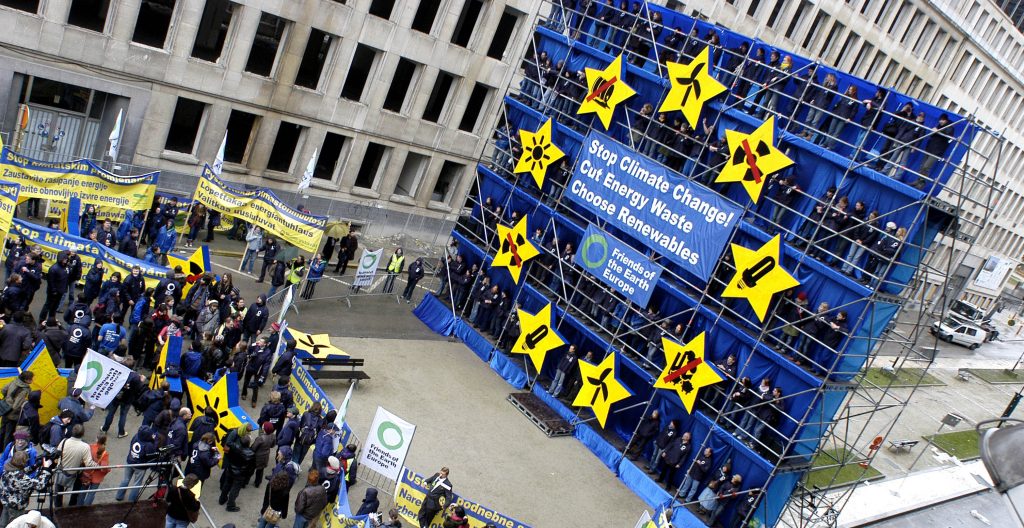 Giant EU energy flag outside EU Spring Council