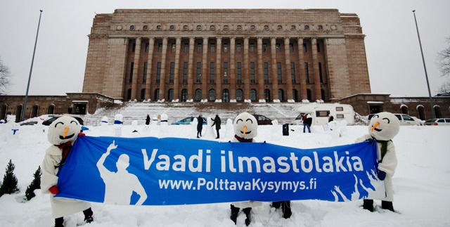Finnish snowmen make a stand against global warming