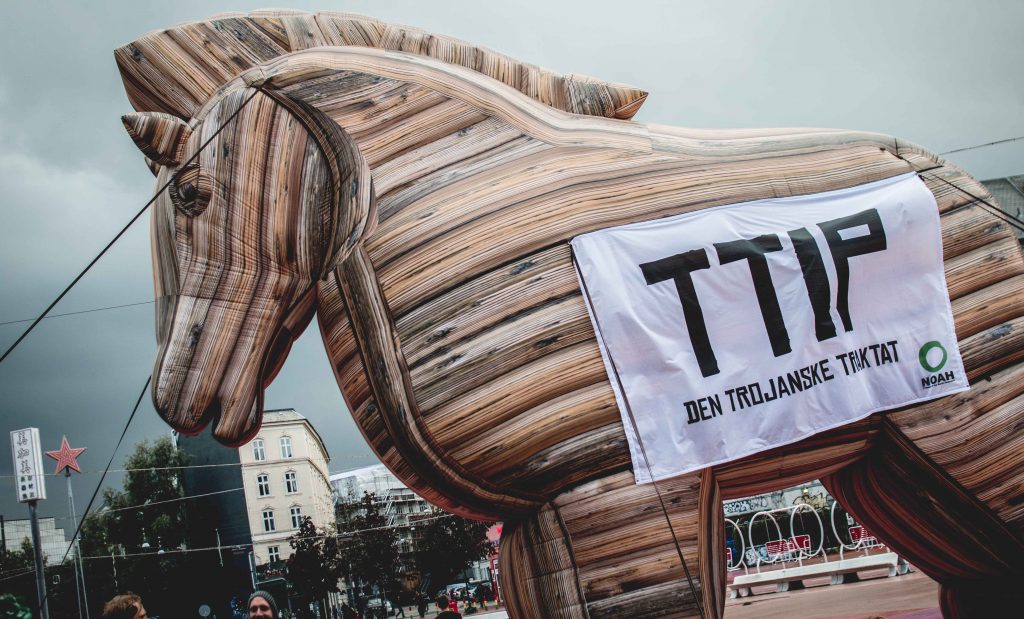 Giant Trojan horse protests against EU-US trade deal