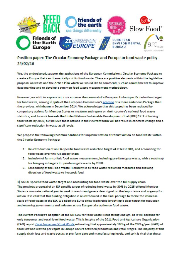 Position paper: the Circular Economy Package and European food waste policy