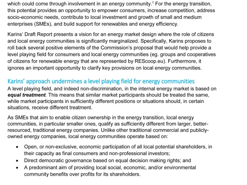 Community Power Coalition assessment of MEP Karins draft report on citizen energy (July2017)