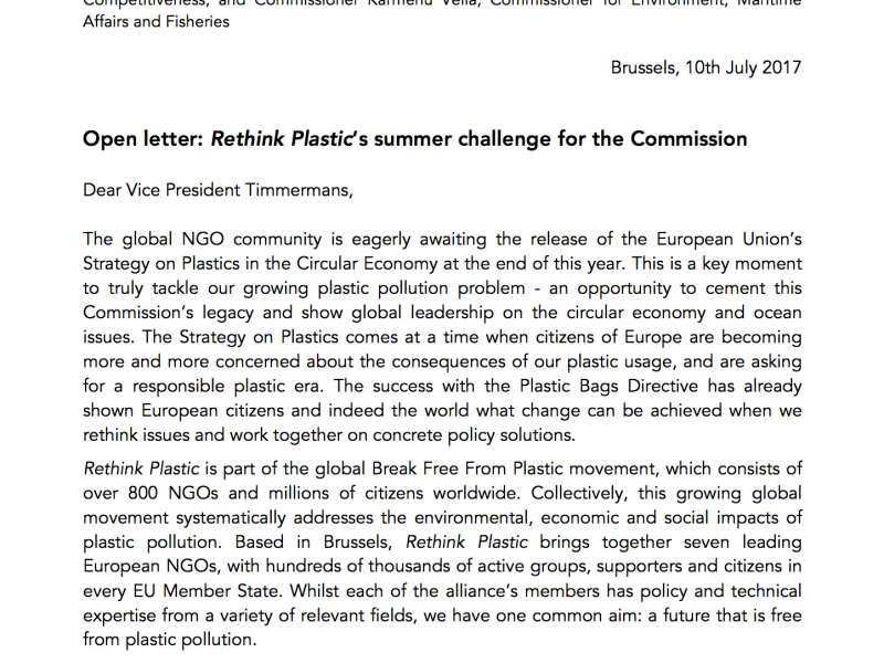 Open letter from Rethink Plastic to Timmermans