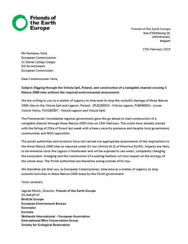 Konvertere kradse Populær Letter to EU Environment Commissioner Vella regarding Vistula Spit |  Friends of the Earth Europe