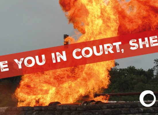 See you in court, Shell! Backdrop: Shell oil leak ablaze in Nigeria