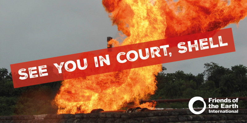 See you in court, Shell! Backdrop: Shell oil leak ablaze in Nigeria