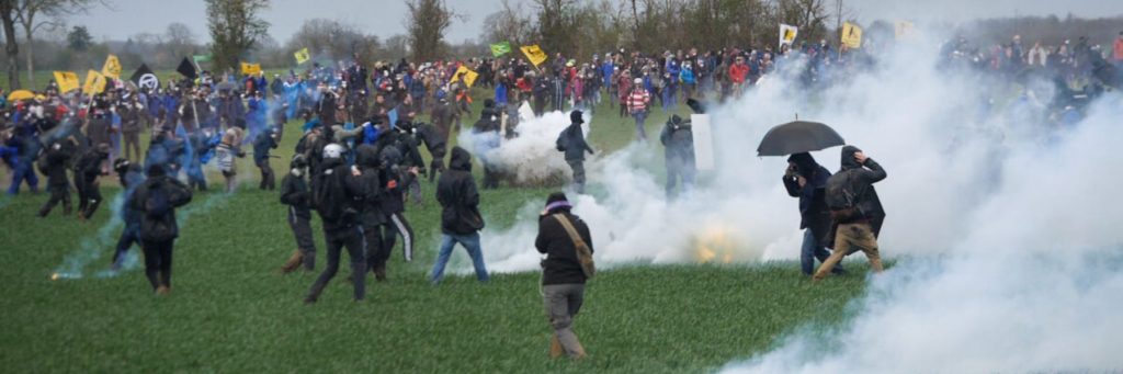 Mobilisation against giant water reservoirs on 25 march 2023, in Sainte-Soline. Tear gas grenades are being fired by the police on the demonstrators.