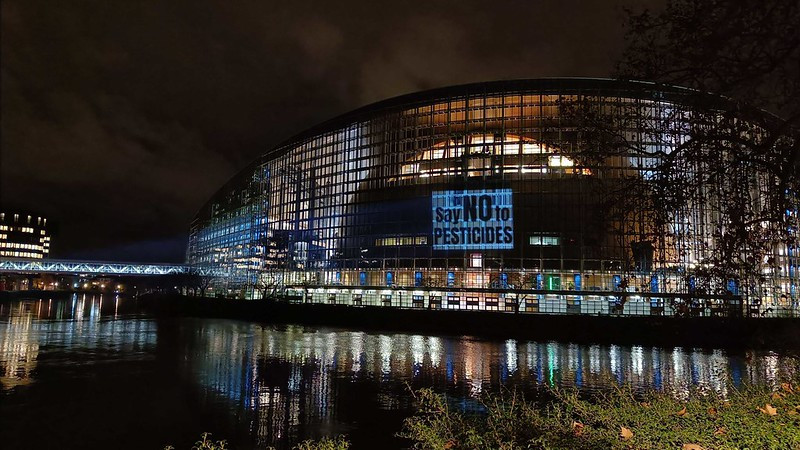 Projection on the facade of the European Parliament in Strasbourg which reads 
