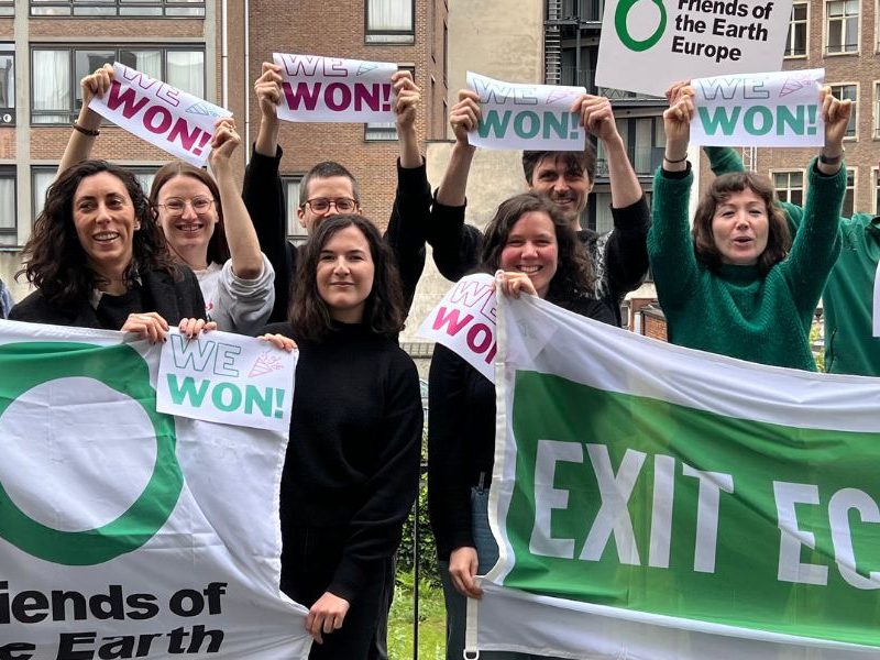 A group of people celebrating outdoor the EU Parliament voting forexiting the ECT,holding signis saying "we won!", a banner saying "Exit ECT" and flags with the Friends of the Earth Europe logo