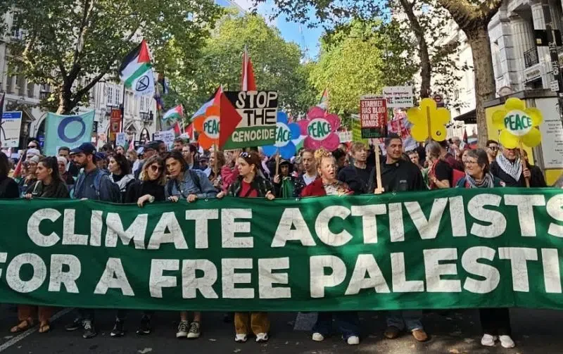 Climate activists demanding justice for Palestine.