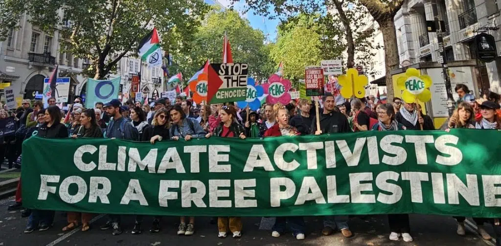 Climate activists demanding justice for Palestine.