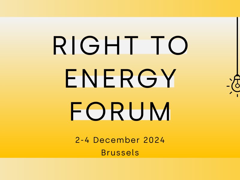 Yellow image with copy indicating the right to energy forum. is taking place from 2-4 Dec in Brussels. Next to it are three lighbulbs.