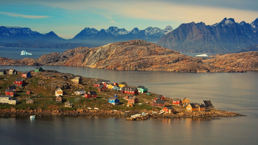 Greenland landscape with village and mountains